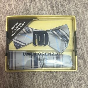Umo Lorenzo Silver and Blue Plaid Bow Tie Set
